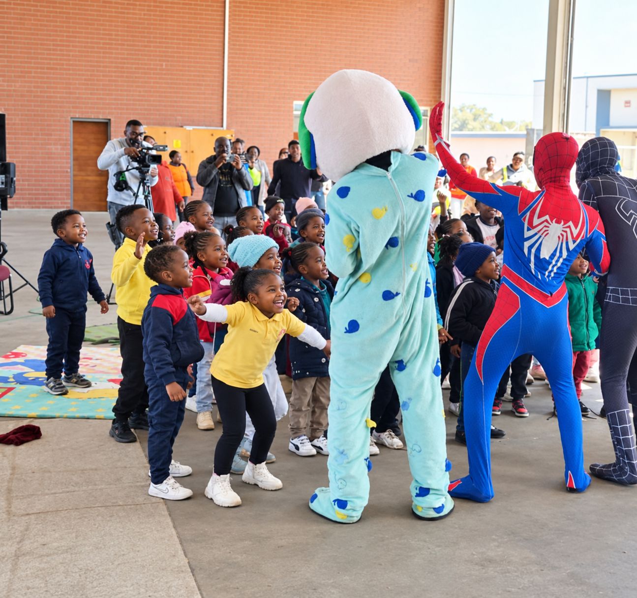 Children dancing with costumed characters at a fun day