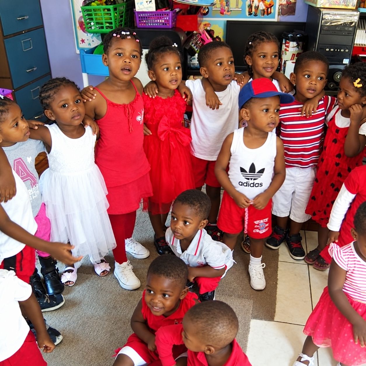 Children dressed in red and white for a theme day